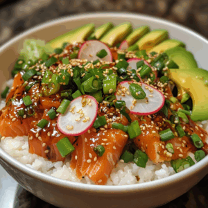 Healthy Smoked Salmon Power Bowl with avocado and spicy mayo